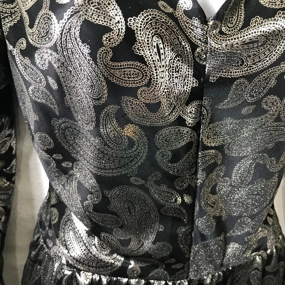 Vintage 80s Homemade Silver Lame Dress XS Paisley Lame Long Sleeve Semi Sheer‎